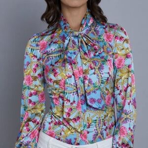 NWOT Hawes & Curtis Blue & Pink Floral Bow/Tie-Neck Blouse (UK 10/US S/M)